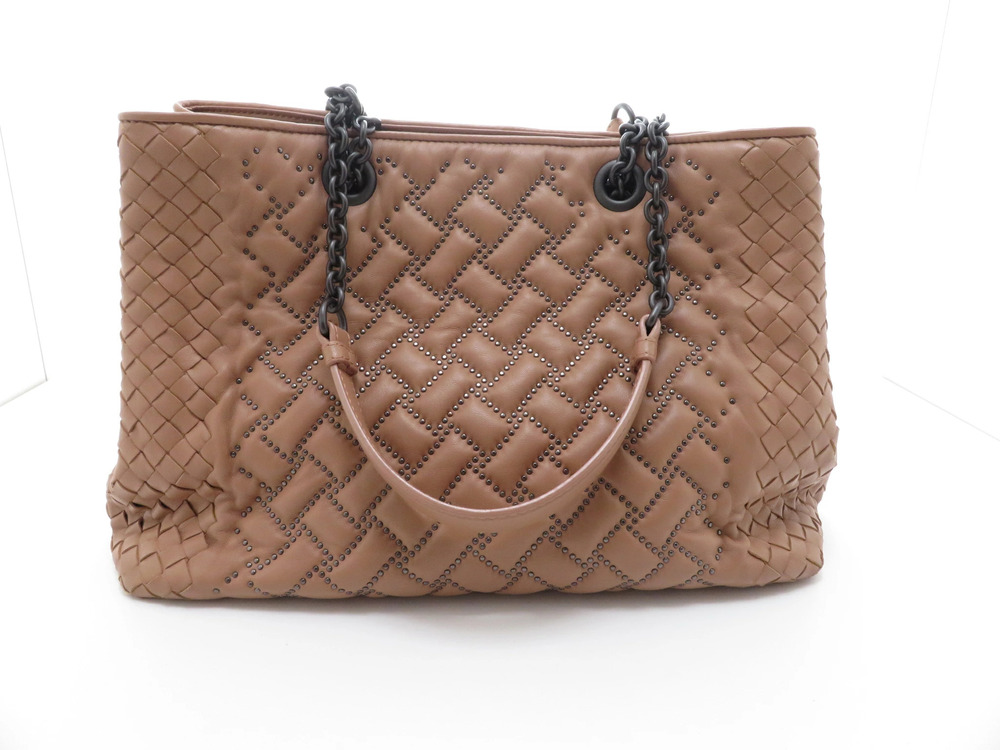 BOTTEGA VENETA Tote Bag Intrecciato Leather Studs Pink Beige Cream